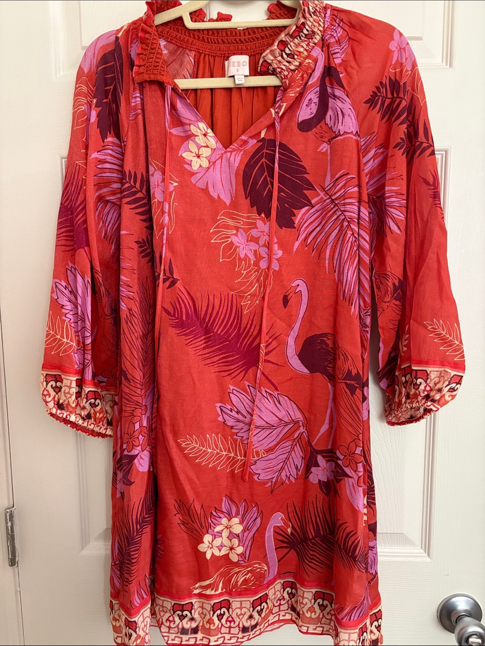 CIEBON Anthropologie Orange Red VNeck Dress with Pink Flamingo Palm 100% Viscose